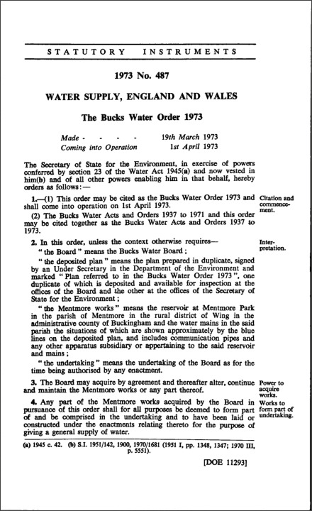 The Bucks Water Order 1973