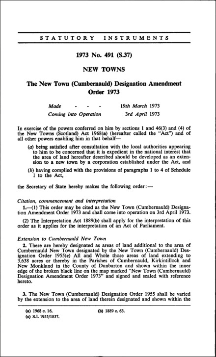 The New Town (Cumbernauld) Designation Amendment Order 1973