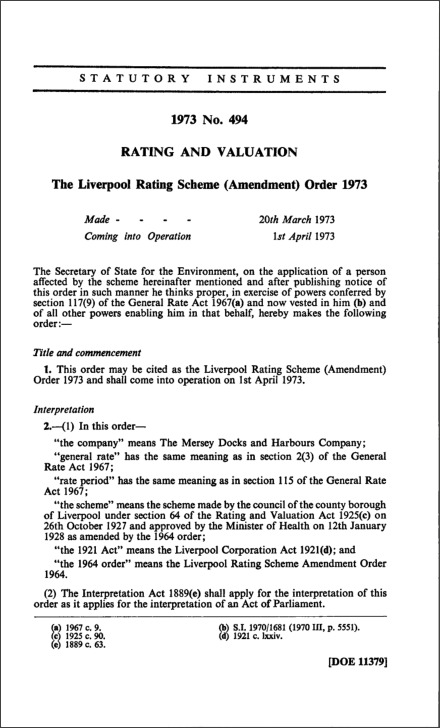 The Liverpool Rating Scheme (Amendment) Order 1973