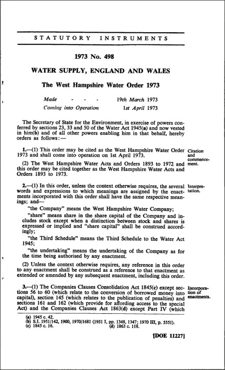 The West Hampshire Water Order 1973