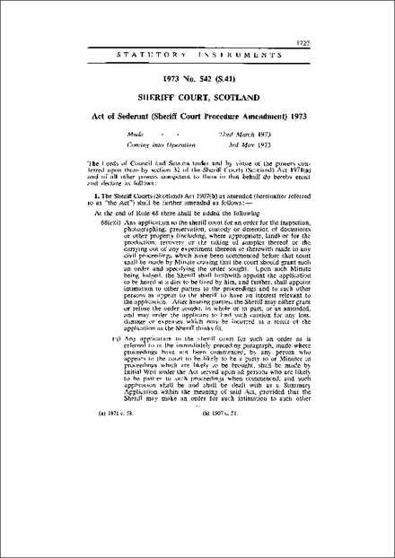 Act of Sederunt (Sheriff Court Procedure Amendment) 1973
