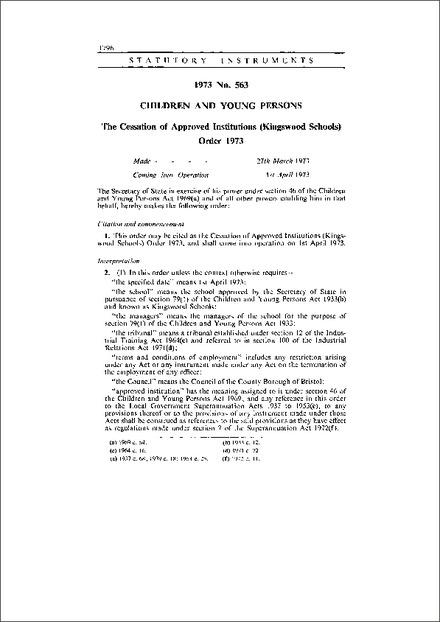 The Cessation of Approved Institutions (Kingswood Schools) Order 1973