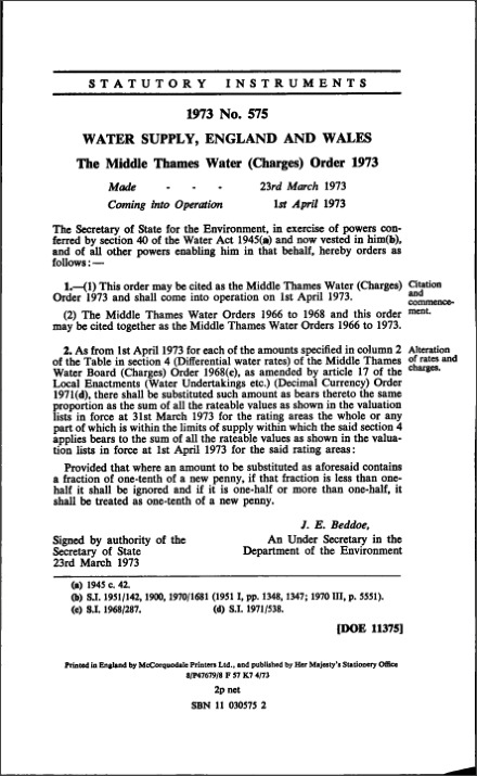 The Middle Thames Water (Charges) Order 1973
