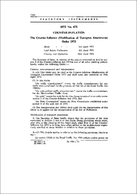 The Counter-Inflation (Modification of Transport Enactments) Order 1973