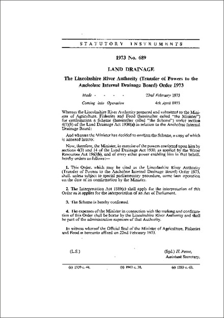 The Lincolnshire River Authority (Transfer of Powers to the Ancholme Internal Drainage Board) Order 1973
