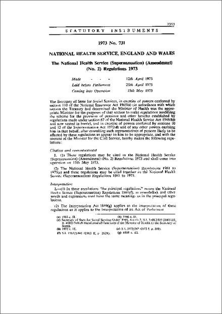 The National Health Service (Superannuation) (Amendment) (No. 2) Regulations 1973