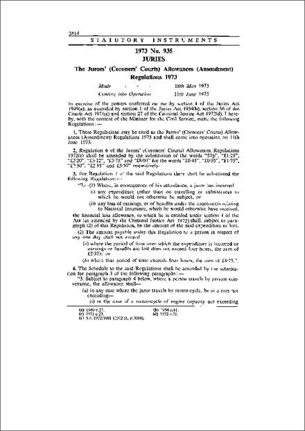 The Jurors' (Coroners' Courts) Allowances (Amendment) Regulations 1973