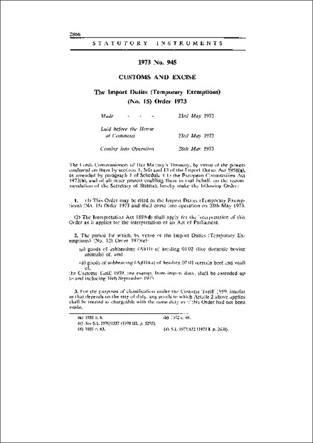 The Import Duties (Temporary Exemptions) (No. 15) Order 1973