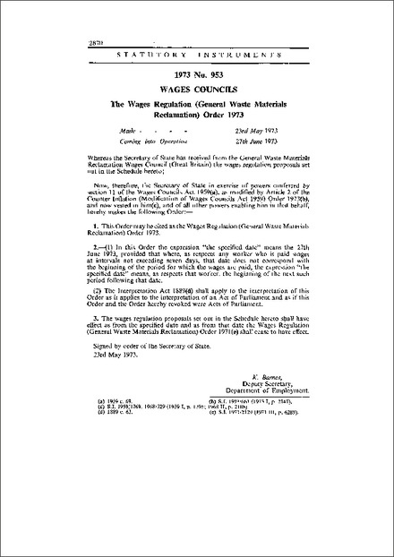 The Wages Regulation (General Waste Materials Reclamation) Order 1973