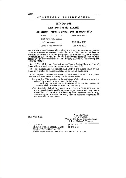 The Import Duties (General) (No. 4) Order 1973