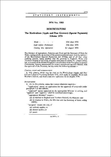 The Horticulture (Apple and Pear Growers) (Special Payments) Scheme 1974
