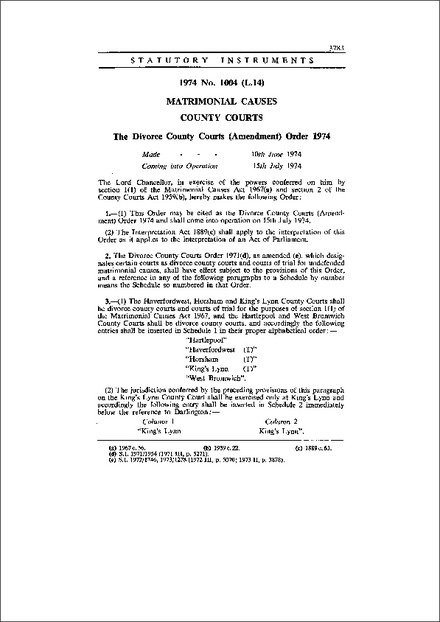 The Divorce County Courts (Amendment) Order 1974