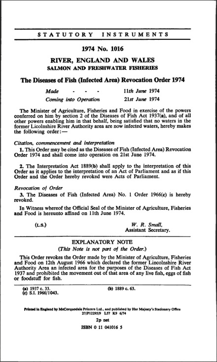 The Diseases of Fish (Infected Area) Revocation Order 1974
