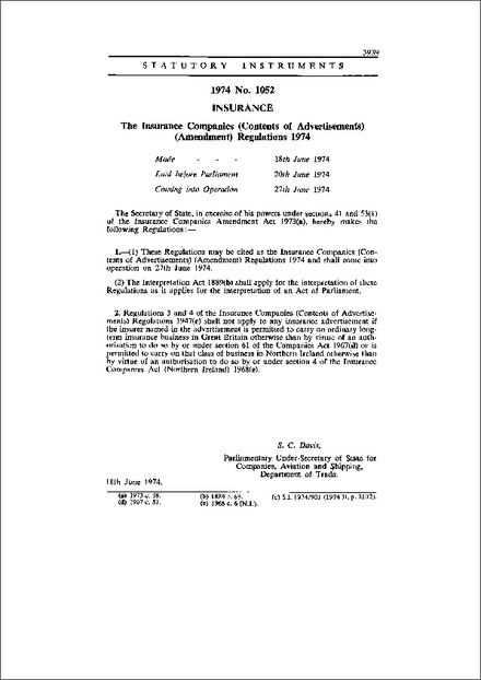 The Insurance Companies (Contents of Advertisements) (Amendment) Regulations 1974