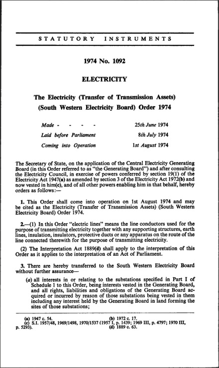 The Electricity (Transfer of Transmission Assets) (South Western Electricity Board) Order 1974