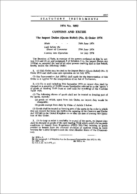 The Import Duties (Quota Relief) (No. 5) Order 1974