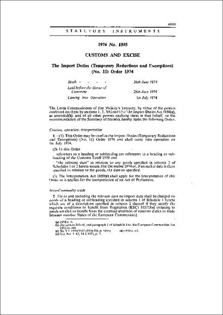 The Import Duties (Temporary Reductions and Exemptions) (No. 11) Order 1974
