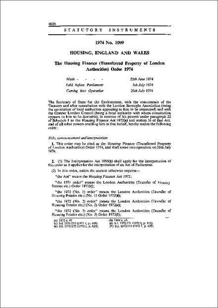 The Housing Finance (Transferred Property of London Authorities) Order 1974
