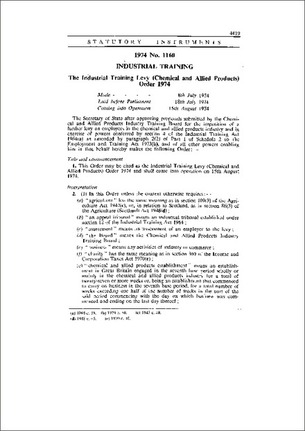 The Industrial Training Levy (Chemical and Allied Products) Order 1974