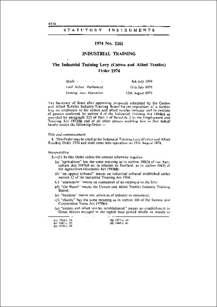 The Industrial Training Levy (Cotton and Allied Textiles) Order 1974