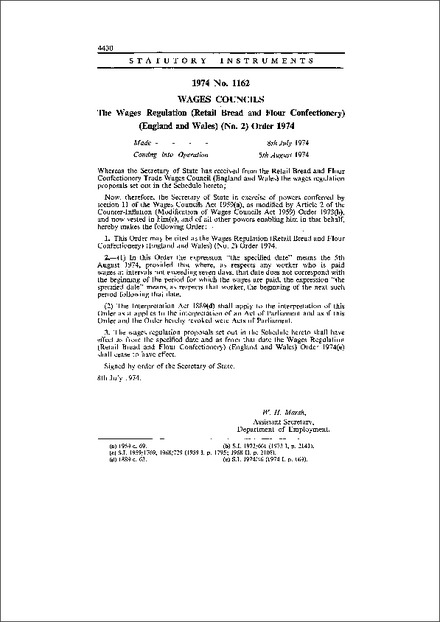 The Wages Regulation (Retail Bread and Flour Confectionery) (England and Wales) (No. 2) Order 1974