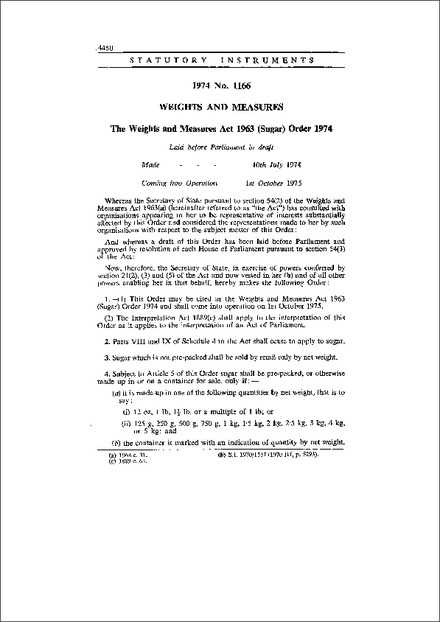The Weights and Measures Act 1963 (Sugar) Order 1974