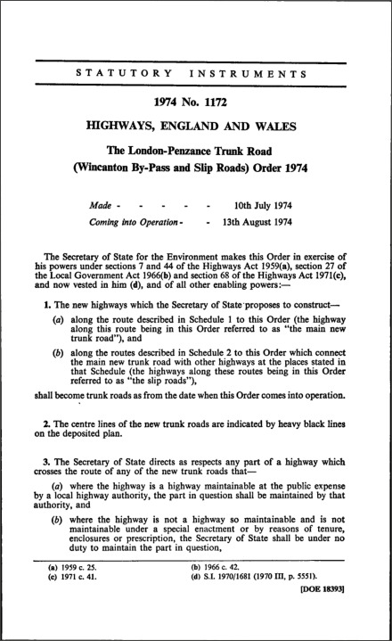 The London-Penzance Trunk Road (Wincanton By-Pass and Slip Roads) Order 1974