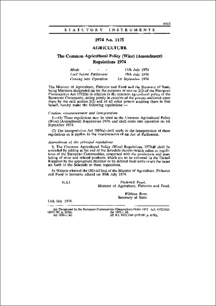 The Common Agricultural Policy (Wine) (Amendment) Regulations 1974