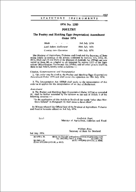 The Poultry and Hatching Eggs (Importation) Amendment Order 1974