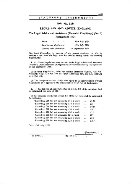 The Legal Advice and Assistance (Financial Conditions) (No. 2) Regulations 1974