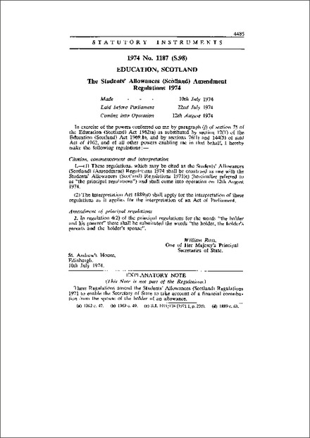 The Students' Allowances (Scotland) Amendment Regulations 1974