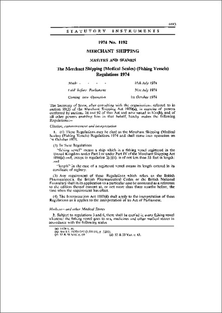 The Merchant Shipping (Medical Scales) (Fishing Vessels) Regulations 1974