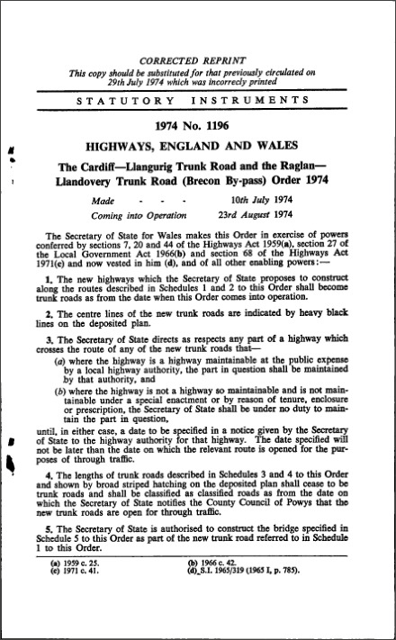 The Cardiff—Llangurig Trunk Road and the Raglan—Llandovery Trunk Road (Brecon By-pass) Order 1974