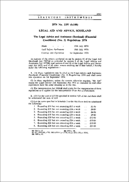 The Legal Advice and Assistance (Scotland) (Financial Conditions) (No. 2) Regulations 1974