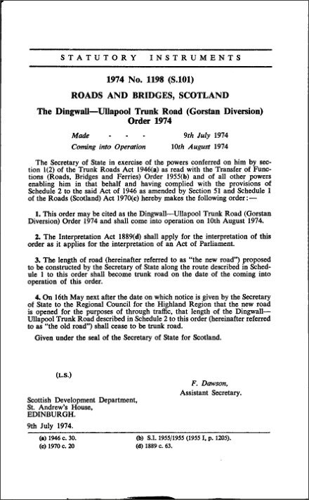 The Dingwall—Ullapool Trunk Road (Gorstan Diversion) Order 1974