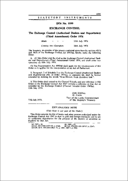The Exchange Control (Authorised Dealers and Depositaries) (Third Amendment) Order 1974