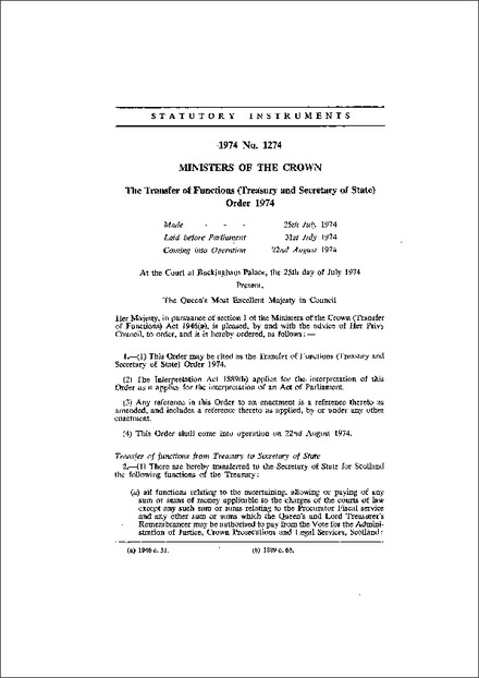 The Transfer of Functions (Treasury and Secretary of State) Order 1974