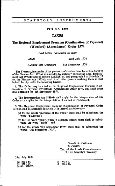 The Regional Employment Premium (Continuation of Payment) (Winsford) (Amendment) Order 1974