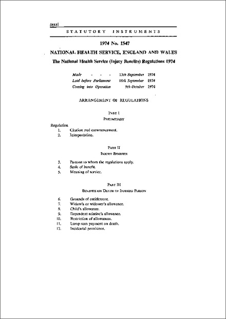 The National Health Service (Injury Benefits) Regulations 1974
