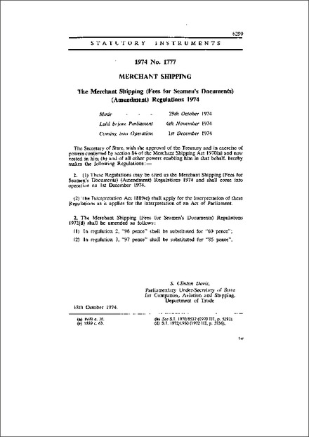 The Merchant Shipping (Fees for Seamen's Documents) (Amendment) Regulations 1974