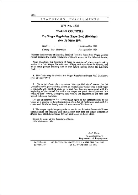 The Wages Regulation (Paper Box) (Holidays) (No. 2) Order 1974