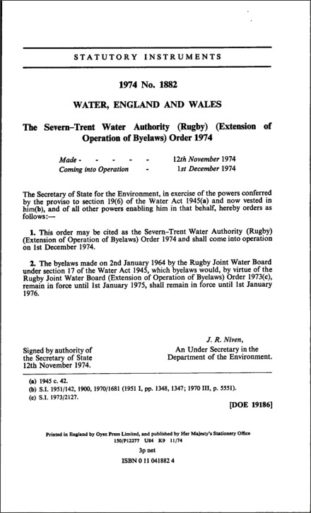 The Severn—Trent Water Authority (Rugby) (Extension of Operation of Byelaws) Order 1974