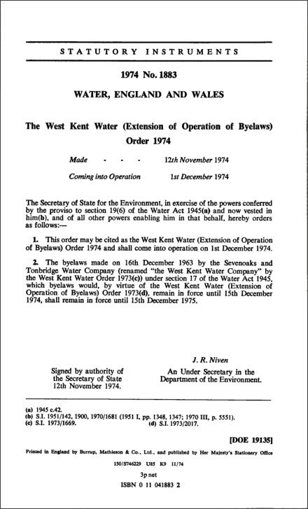 The West Kent Water (Extension of Operation of Byelaws) Order 1974