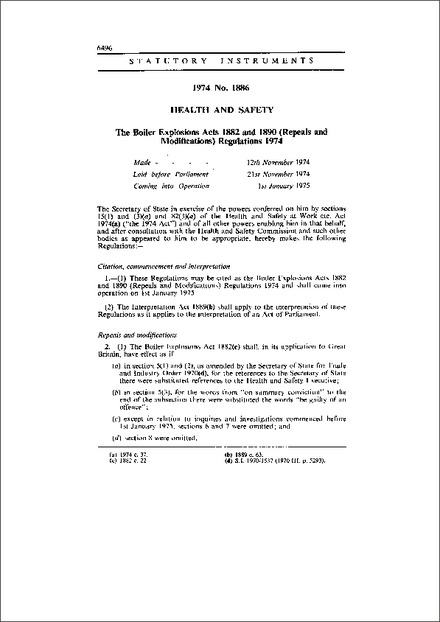 The Boiler Explosions Acts 1882 and 1890 (Repeals and Modifications) Regulations 1974