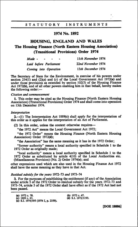 The Housing Finance (North Eastern Housing Association) (Transitional Provisions) Order 1974