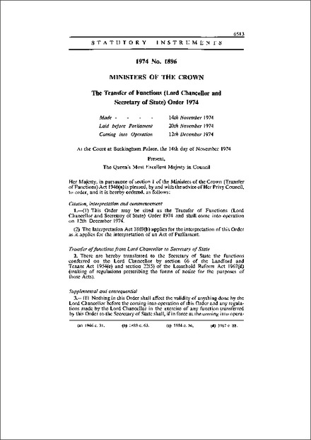 The Transfer of Functions (Lord Chancellor and Secretary of State) Order 1974