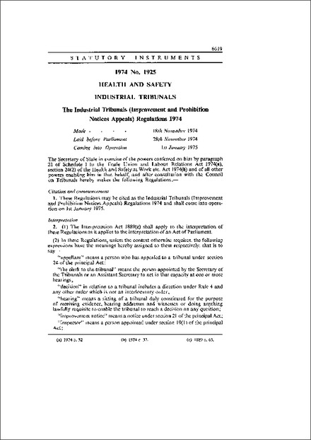 The Industrial Tribunals (Improvement and Prohibition Notices Appeals) Regulations 1974