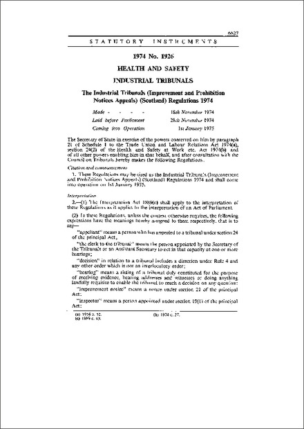 The Industrial Tribunals (Improvement and Prohibition Notices Appeals) (Scotland) Regulations 1974