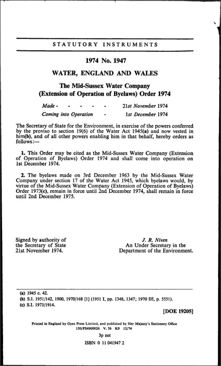The Mid-Sussex Water Company (Extension of Operation of Byelaws) Order 1974