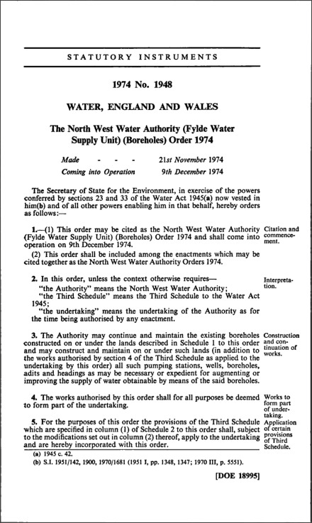 The North West Water Authority (Fylde Water Supply Unit) (Boreholes) Order 1974
